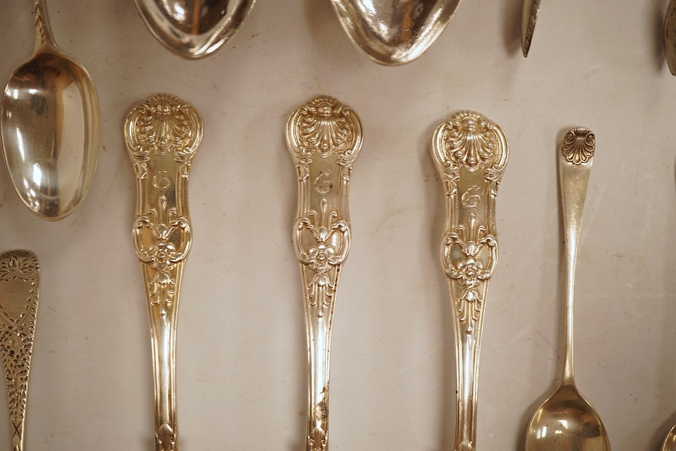 A small quantity of assorted mainly 19th century and later small flatware including teaspoons, coffee spoons and condiment spoons, various dates and makers, a Dutch? white metal spoon and a Victorian silver christening t